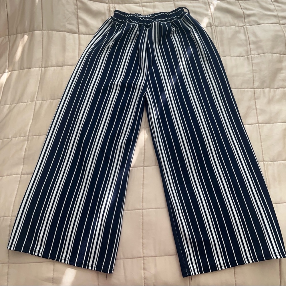 Blue Pinstripe Wide Leg Trousers